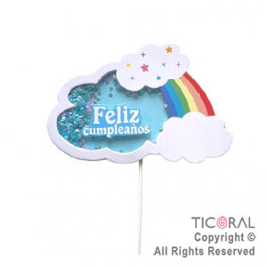 CAKE TOPPER FELIZ CUMPLEA�OS ARCO IRIS CORAZONES CELESTE  X 1